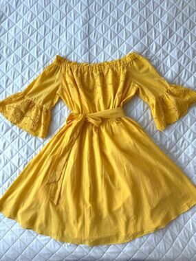 ONLY Sally Embroidered Cotton Dress Yellow Off Shoulder A-Line Tie Waist Size S